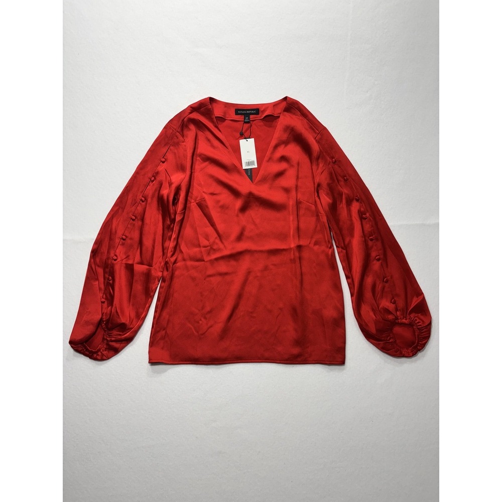 Banana Republic Blouse Womens XS Red Satin V Neck Button Balloon Sleeve Top